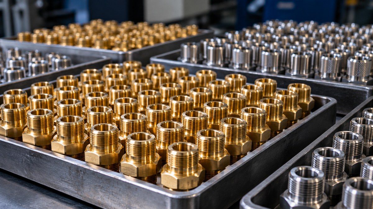 Batch of finished brass components arranged for production